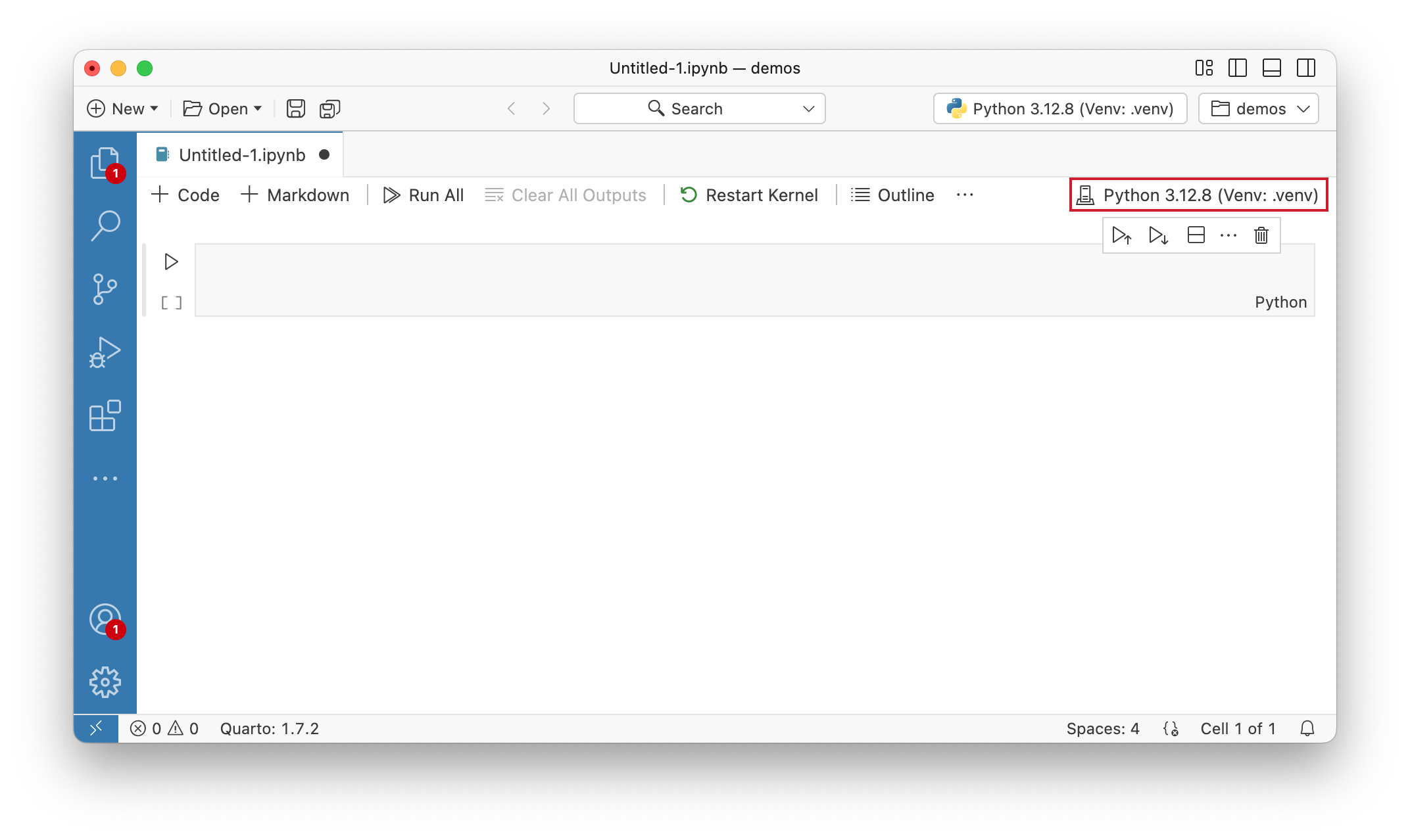 Notebook Editor action bar with the kernel selector button highlighted, displaying Python 3.12.8 as the current kernel.